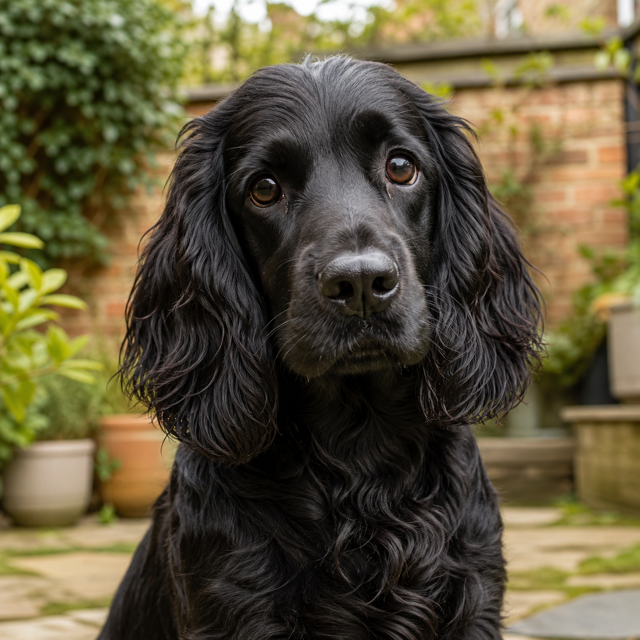 Fictional black cocker spaniel named Milo sitting in a garden